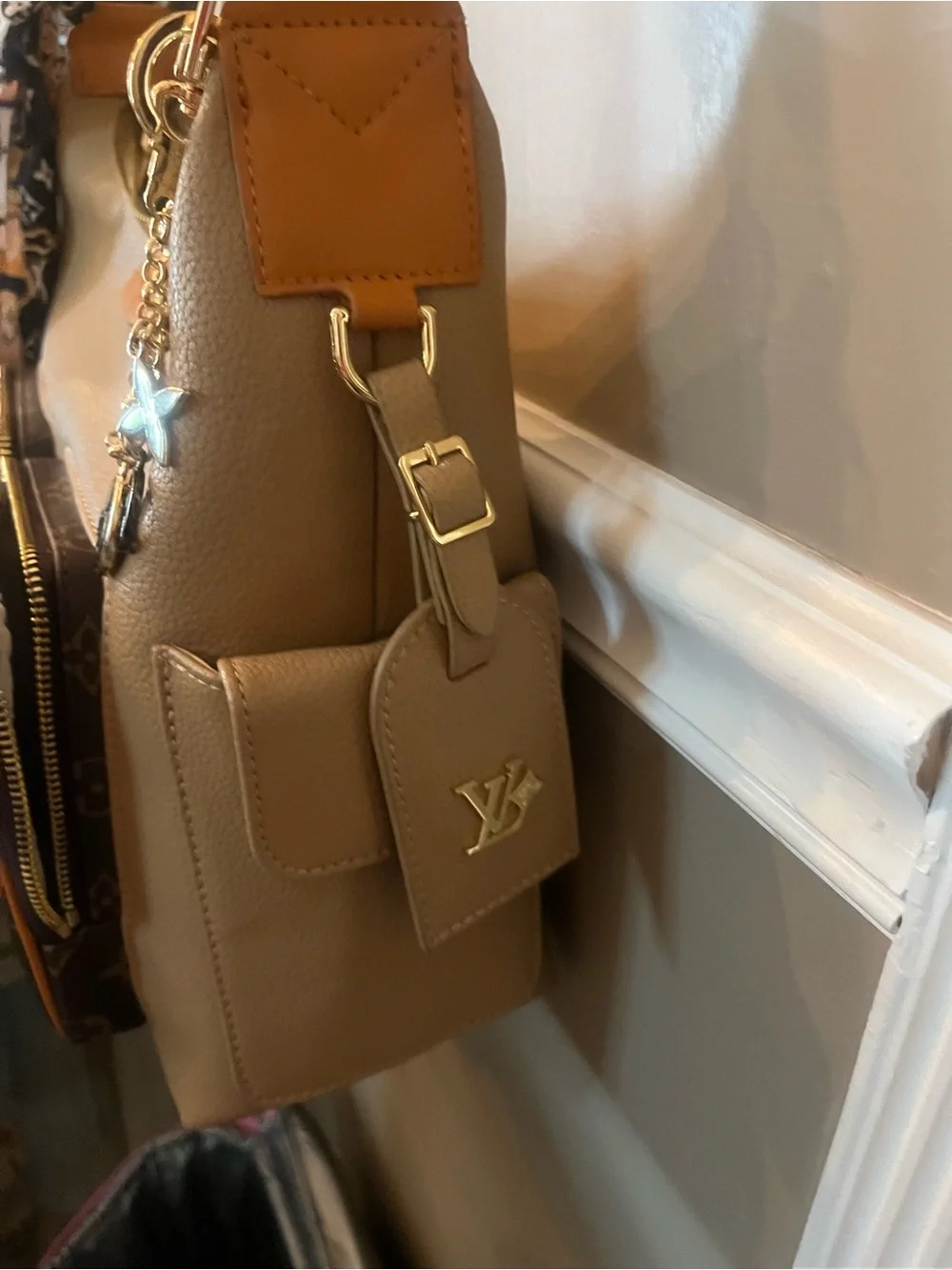 Louis Vuitton style  Tan Shoulder Bag with Monogram Front Pockets